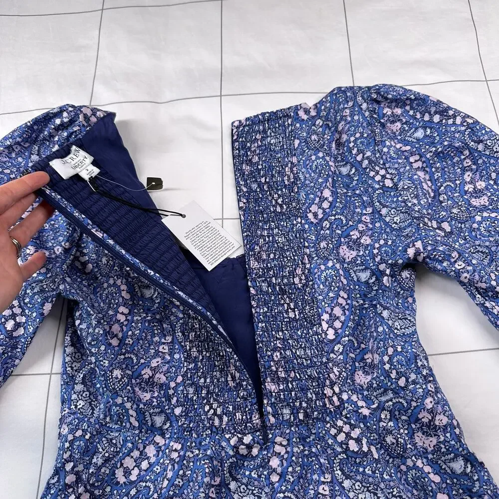 J. Crew Liberty Dress Women 2 Blue Sweetheart Long Sleeve Mini Bourton Bloom New